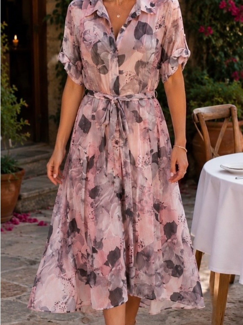 Calvin Klein Blush and Gray Floral Midi Shirt Dress